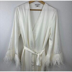 Rya Collection Swan Robe Women XL Ivory Feather Trim Satin Long Darling 570 NEW